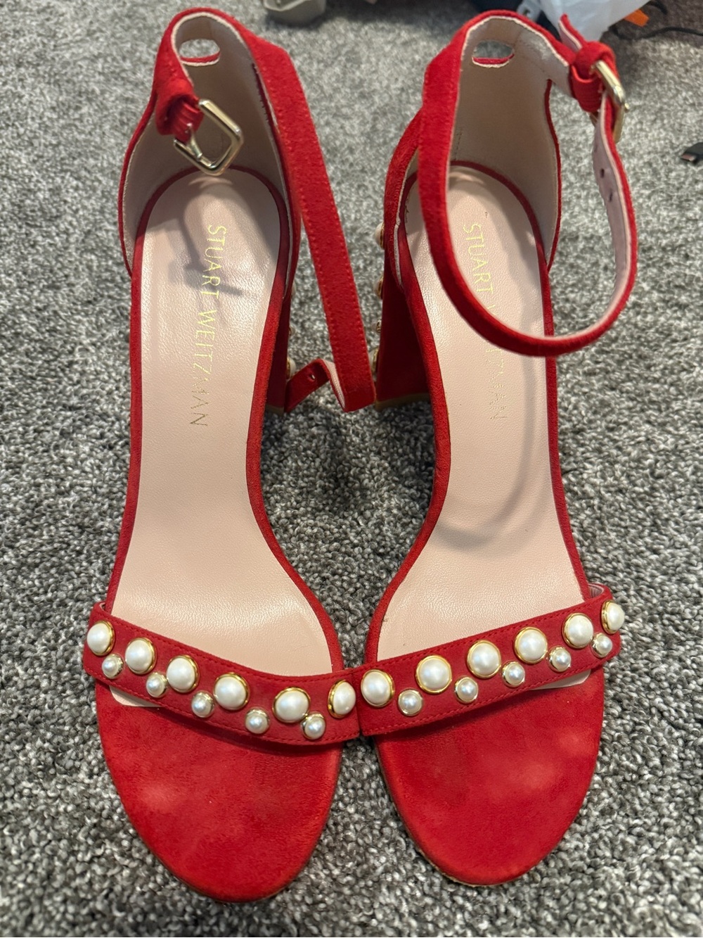 Stuart Weitzman Red Suede Pearl-Embellished Ankle-Strap Heels